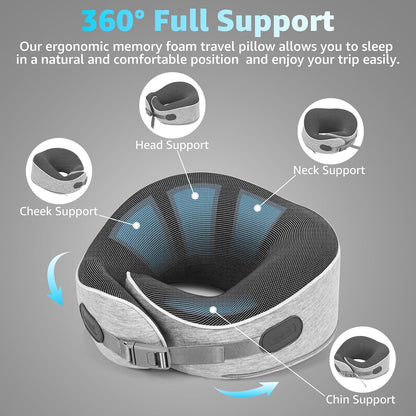 Travel Pillows for Airplanes Ergonomic Memory Foam Neck Pillow for Travel - 360° Head & Neck Support for Sleeping on Flights, Cars, Trains & Office (Gray-1)