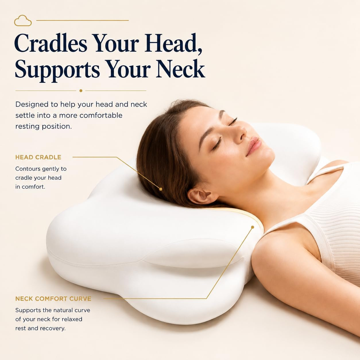 Cervical Neck Pillow for Side, Back & Stomach Sleepers, Contour Memory Foam Pillow for Neck Support, Ergonomic Cloud Pillow with Head Cradle, Shoulder Comfort & Washable Cooling Cover (White)